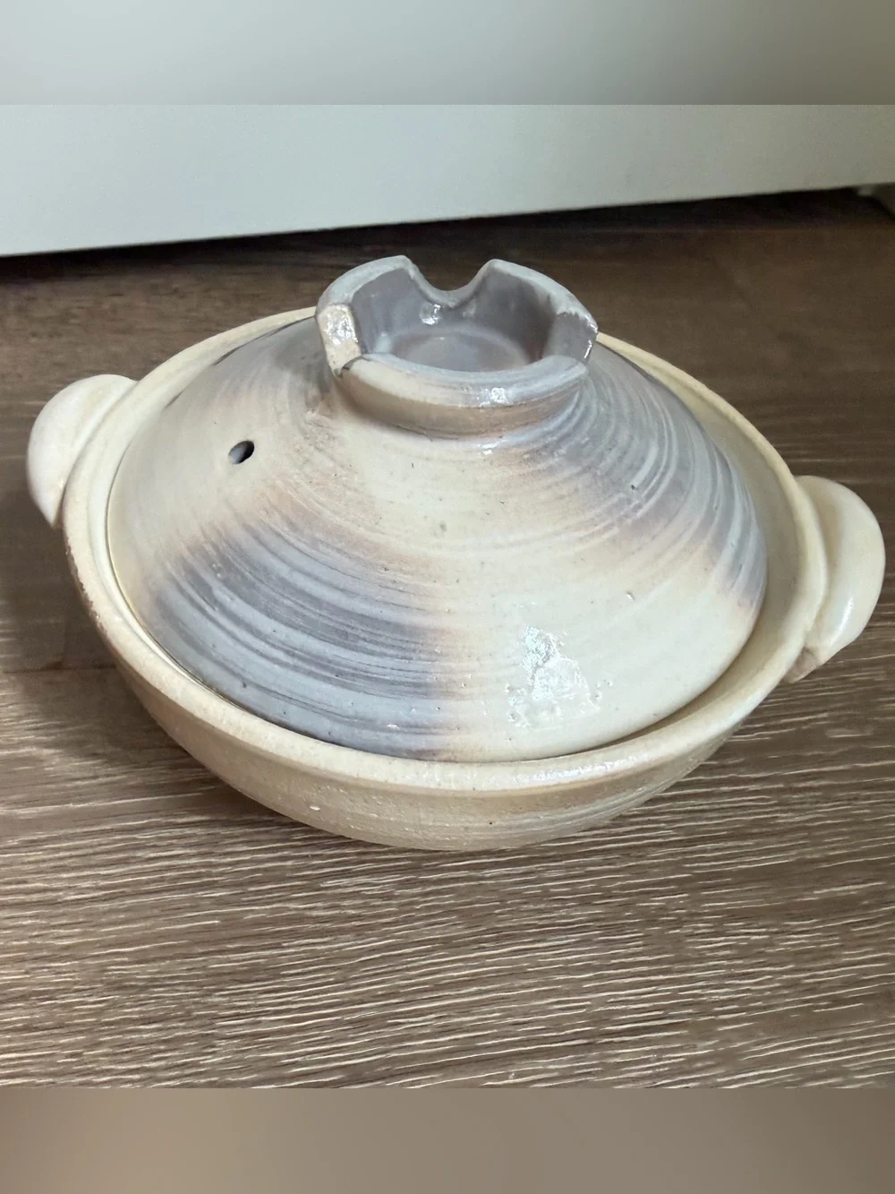 Japanese Shino-glazed earthenware donabe clay pot